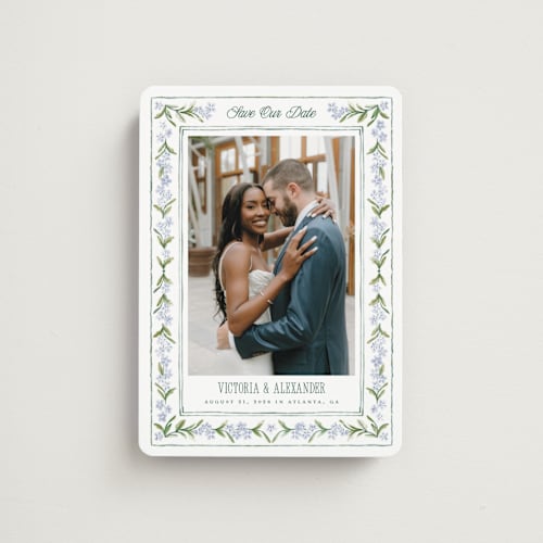 This is a wisteria save the date magnets with standard by Jenna Holcomb called vintage sketched printing on magnet paper in magnet