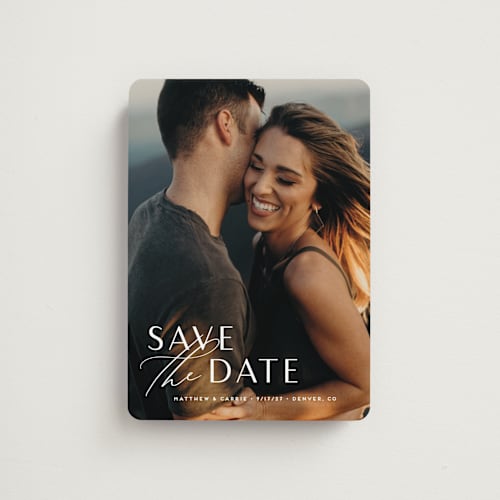 This is a pearl save the date magnets with standard by Jennifer Postorino called eloquent printing on magnet paper in magnet
