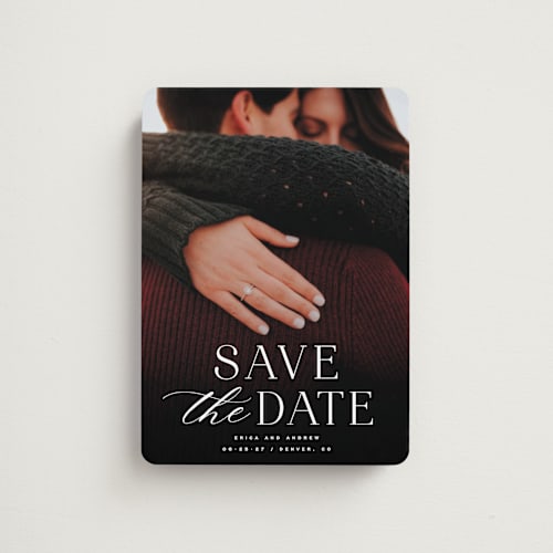 This is a dove save the date magnets with standard by Hooray Creative called classic serif printing on magnet paper in magnet