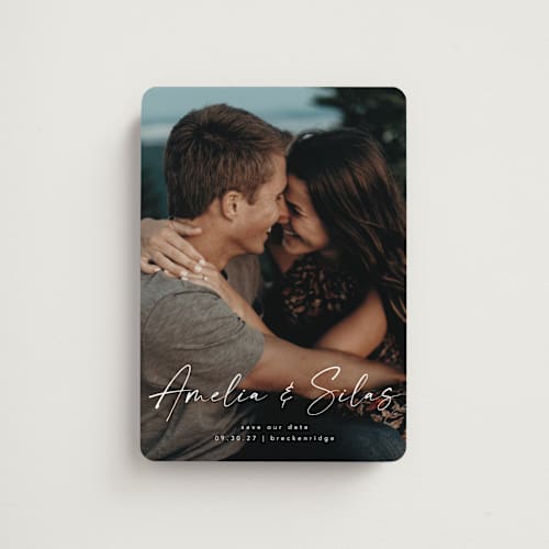 This is a marshmallow save the date magnets with standard by Lea Delaveris called because of you printing on magnet paper in magnet