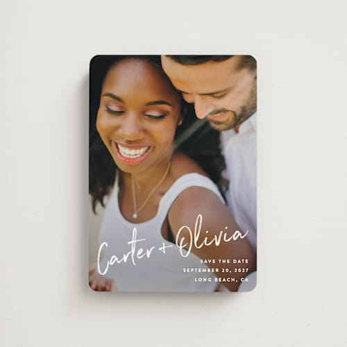 This is a pearl save the date magnets with standard by Owl and Toad called signature printing on magnet paper in magnet