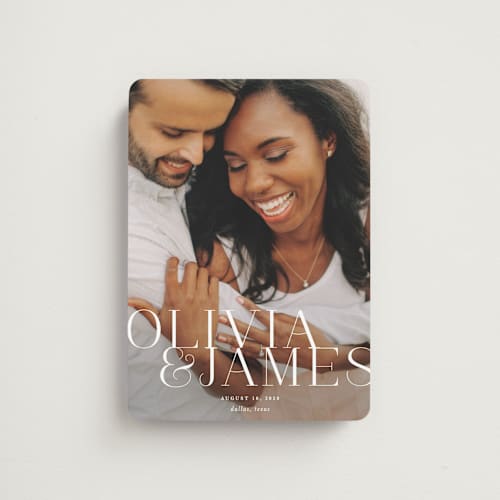 This is a pearl save the date magnets with standard by Lauren Chism called this couple printing on magnet paper in magnet