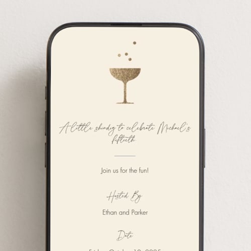 This is a champagne online birthday invitations by mo kelley called a little shindig printing on digital paper in standard