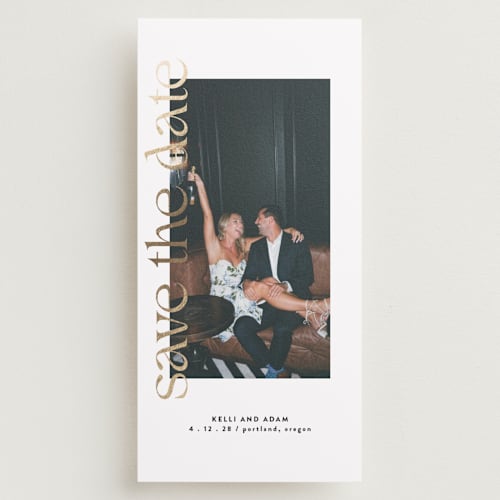 This is a pearl foil stamped save the date cards with foil pressed by Roxy Cervantes called cover page printing on recycled smooth signature in tall