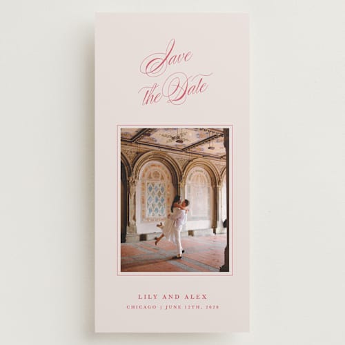 This is a strawberry save the date with standard by Olivia Kanaley Inman called poem printing on recycled smooth signature in tall