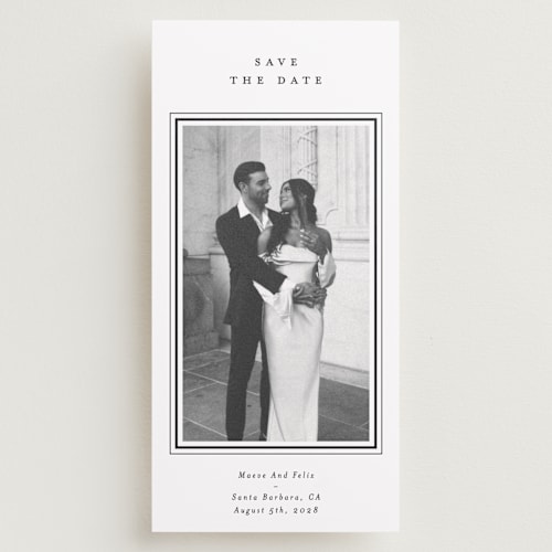 This is a night sky save the date with standard by Stacey Meacham called elegant frame printing on recycled smooth signature in tall