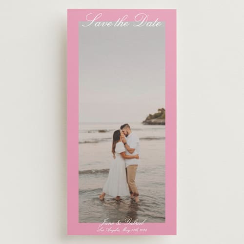 This is a peony save the date with standard by Baumbirdy called color frame printing on recycled smooth signature in tall