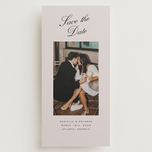 This is a clay save the date with standard by Olivia Kanaley Inman called hayworth printing on recycled smooth signature in tall