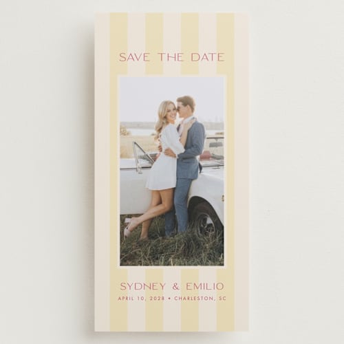 This is a lemon save the date with standard by Ellen Schlegelmilch called palmetto printing on recycled smooth signature in tall