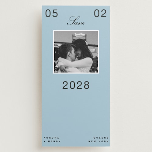 This is a wave save the date with standard by Blustery August called chess printing on recycled smooth signature in tall