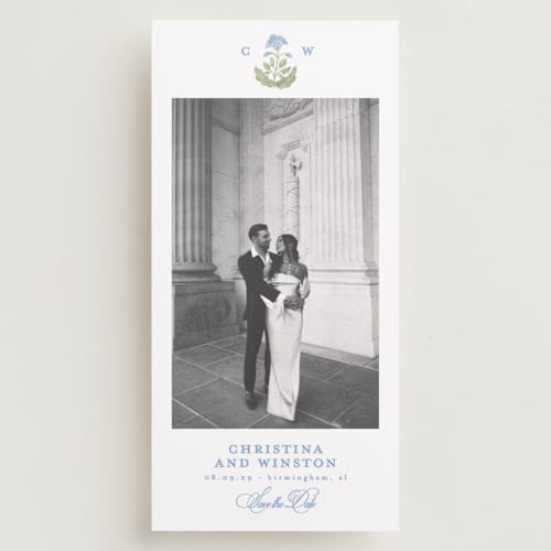 This is a powder save the date with standard by Creo Study called patterned florals printing on recycled smooth signature in tall