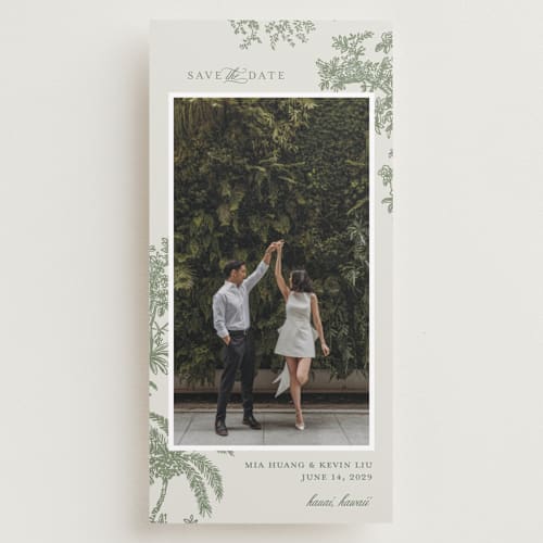 This is a jungle save the date with standard by Jenna Holcomb called vintage tropics printing on recycled smooth signature in tall