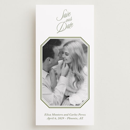 This is a forest save the date with standard by Sherley Ferreira called vintage garden printing on recycled smooth signature in tall