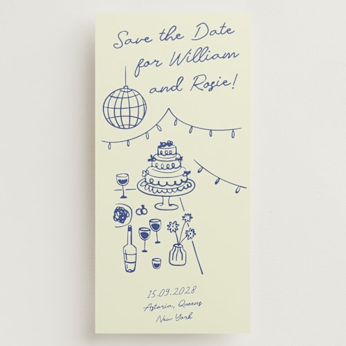 This is a disco blue save the date with standard by Zove Ahhh called party on! printing on signature in tall