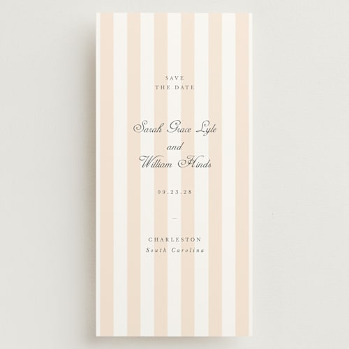 This is a peach save the date with standard by Sara Hicks Malone called awning stripe printing on signature in tall