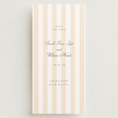 This is a peach save the date with standard by Sara Hicks Malone called awning stripe printing on signature in tall