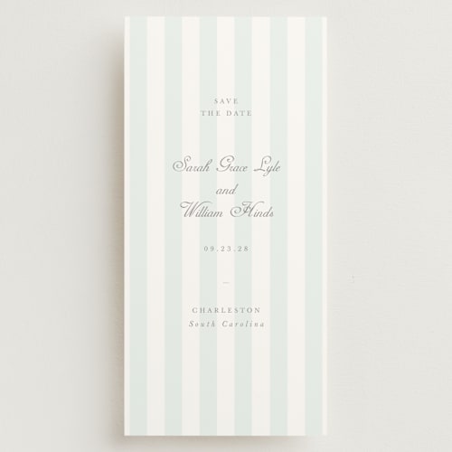 This is a ocean save the date with standard by Sara Hicks Malone called awning stripe printing on signature in tall