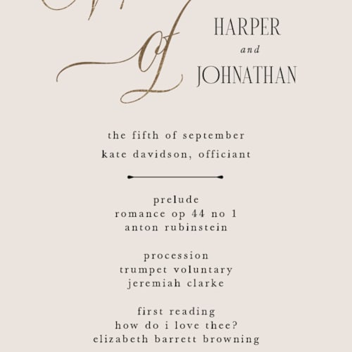 This is a linen unique wedding programs with foil pressed by Kate Ahn called mirin printing on signature in 4x9