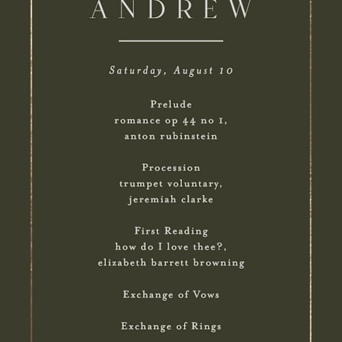 This is a deep olive unique wedding programs with foil pressed by Nicole Walsh called refined printing on signature in 4x9