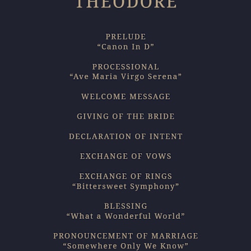 This is a navy unique wedding programs with foil pressed by Jessica Beck called botanical tapestry printing on signature in standard