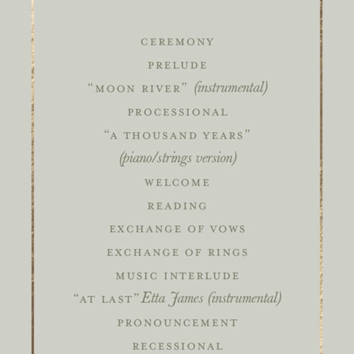 This is a sage unique wedding programs with foil pressed by Lucrecia Caporale called country elegance printing on signature in standard