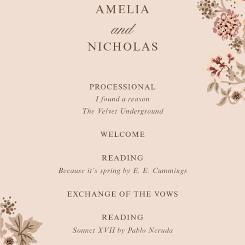 This is a chocolate unique wedding programs with foil pressed by Paola Benenati called blooming path printing on signature in standard