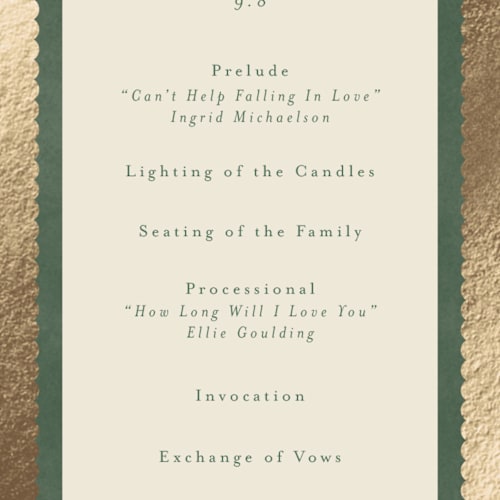 This is a rosemary unique wedding programs with foil pressed by Emily Betts called vintage oval printing on signature in standard