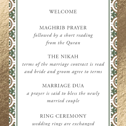 This is a evergreen unique wedding programs with foil pressed by Oma N. Ramkhelawan called kareem printing on signature in standard