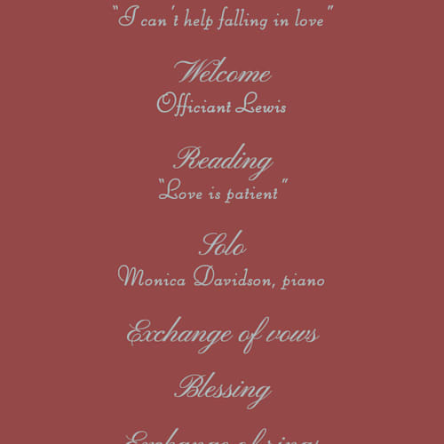 This is a burgundy unique wedding programs with foil pressed by Baumbirdy called scallop frame printing on signature in standard