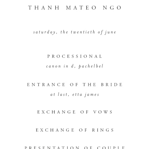 This is a classique unique wedding programs with foil pressed by Design Lotus called you & me printing on signature in 4x9