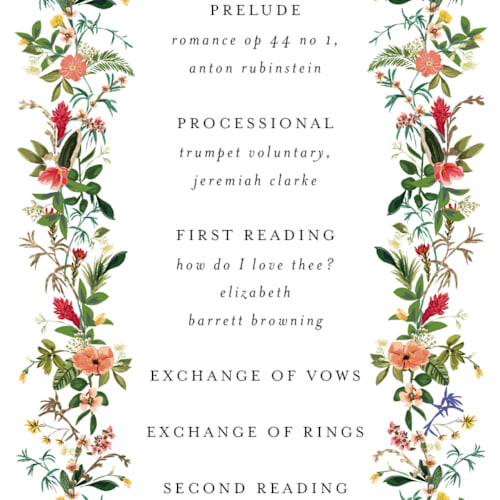 This is a papaya unique wedding programs with foil pressed by Susan Moyal called tropica printing on signature in 4x9