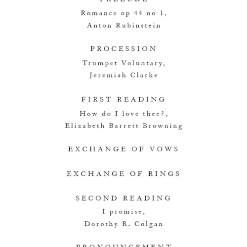 This is a black dahlia unique wedding programs with foil pressed by Olivia Raufman called petite sprig printing on signature in 4x9