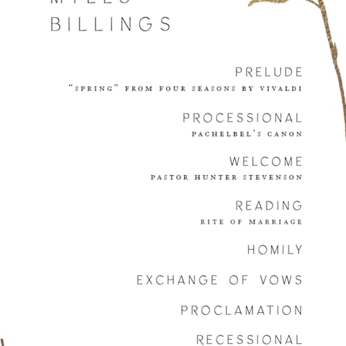 This is a cotton unique wedding programs with foil pressed by Amy Kross called perennial printing on signature in 4x9