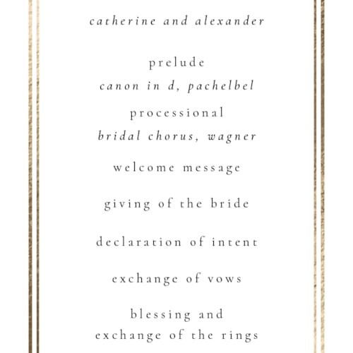 This is a quartz unique wedding programs with foil pressed by Ana de Sousa called summit serenity printing on signature in 4x9