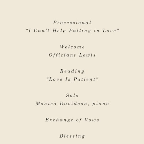 This is a ivory unique wedding programs with foil pressed by Baumbirdy called bow tie printing on signature in 4x9