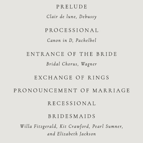 This is a noir unique wedding programs with foil pressed by Jackie Crawford called hand illustrated whimsical chandelier printing on signature in 4x9