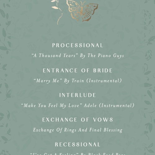 This is a eucalyptus unique wedding programs with foil pressed by Simona Camp called southern romance printing on signature in standard