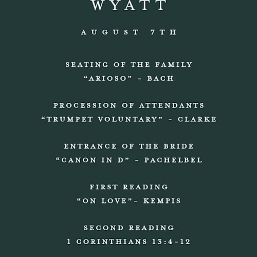 This is a forest unique wedding programs with foil pressed by Stacey Meacham called style and grace printing on signature in 4x9