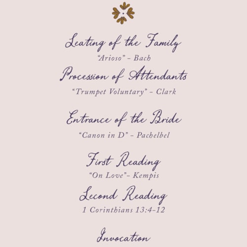 This is a wisteria unique wedding programs with foil pressed by Monika Konieczna called together in bloom printing on signature in 4x9