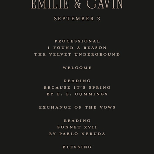 This is a noir unique wedding programs with foil pressed by Randi Cirelli called emilie printing on signature in standard