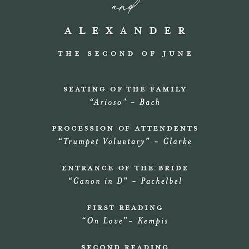 This is a forest unique wedding programs with foil pressed by Stacey Meacham called elegant lillies printing on signature in standard