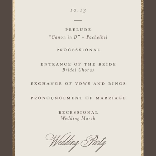 This is a cognac unique wedding programs with foil pressed by Emily Betts called arch frame printing on signature in standard
