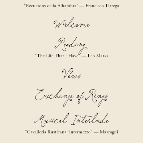 This is a noir unique wedding programs with foil pressed by Ani Somi called written in the stars printing on signature in standard