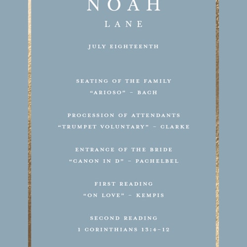 This is a dusty blue unique wedding programs with foil pressed by Stacey Meacham called elegant bevel printing on signature in 4x9