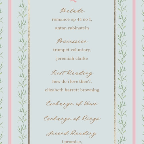 This is a hummingbird unique wedding programs with foil pressed by Claudia Orengo called castle printing on signature in 4x9