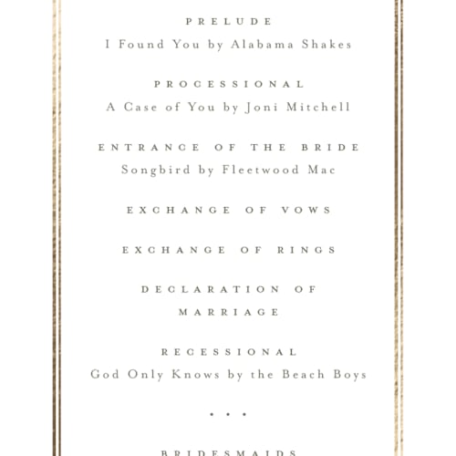 This is a bluebell unique wedding programs with foil pressed by Everett Paper Goods called flowering vine printing on signature in 4x9