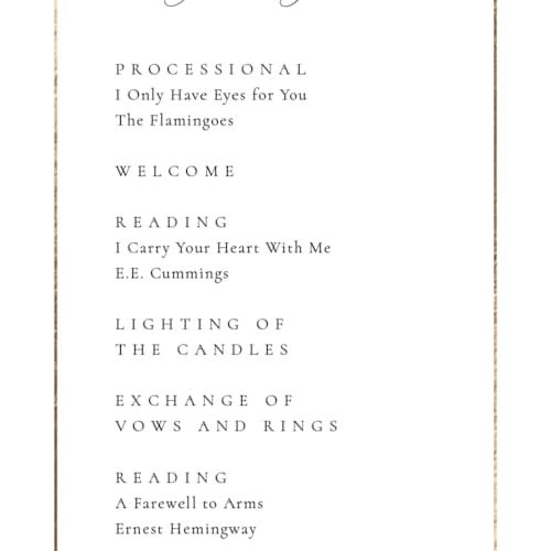 This is a silk unique wedding programs with foil pressed by Kelly Schmidt called golden ampersand printing on signature in 4x9