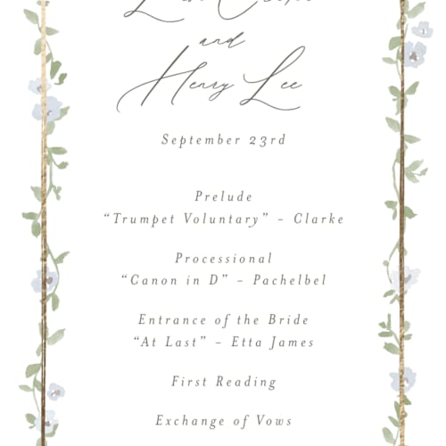 This is a blue bell unique wedding programs with foil pressed by Everett Paper Goods called portico printing on signature in 4x9