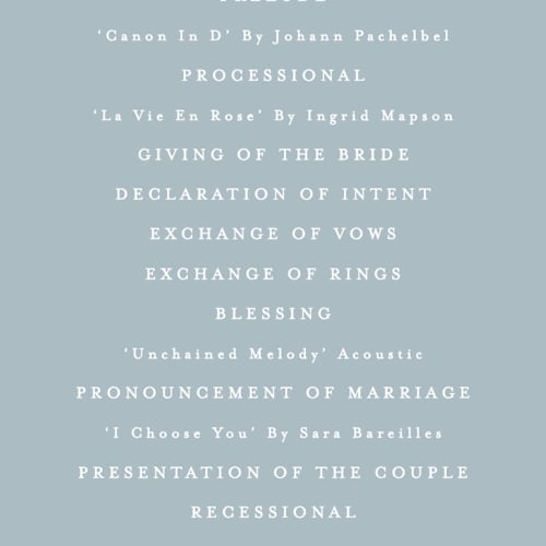 This is a provincial unique wedding programs with foil pressed by Angela Thompson called gilded edge printing on signature in standard