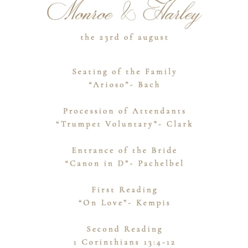 This is a buttercream unique wedding programs with foil pressed by Kristie Kern called the romantic printing on signature in 4x9